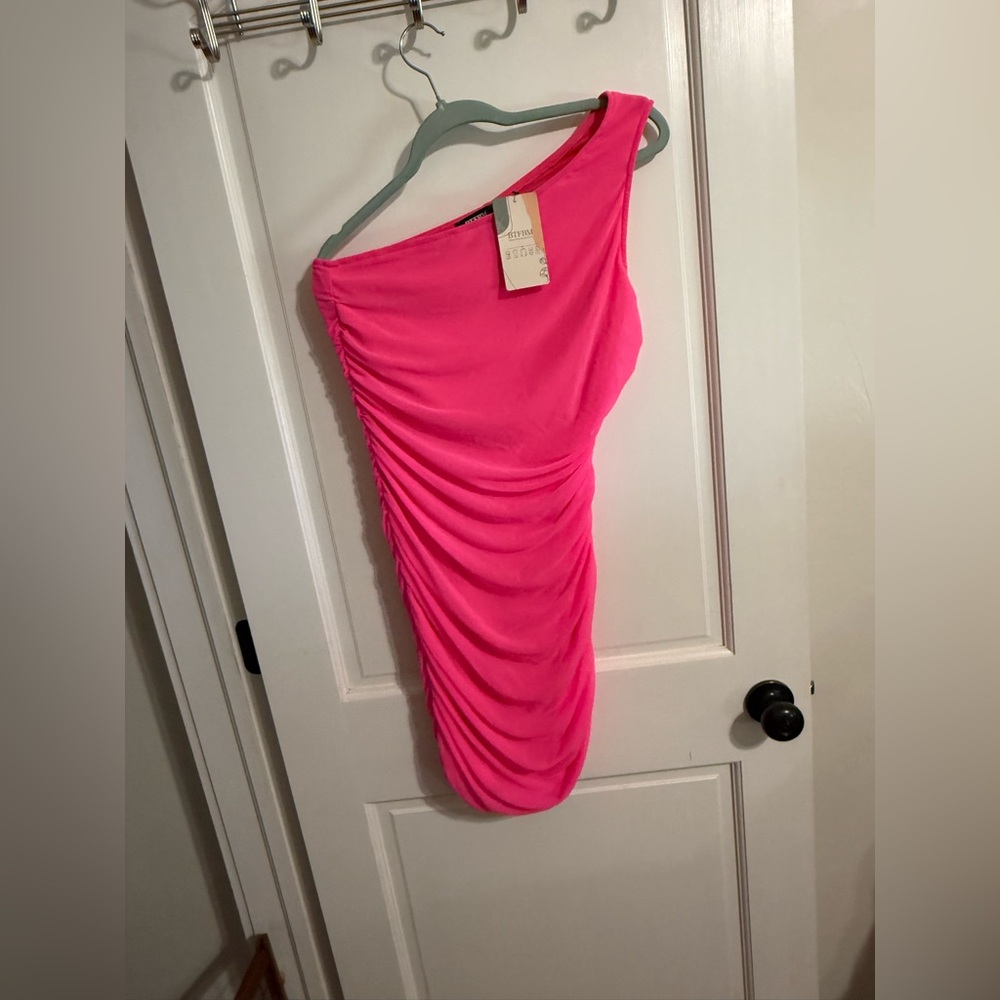 BTFBM One Shoulder Ruched Neon Pink Mini Dress - Picture 6 of 7